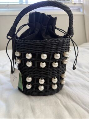 kate spade Black Wicker Bucket Bag with Pearl Accents